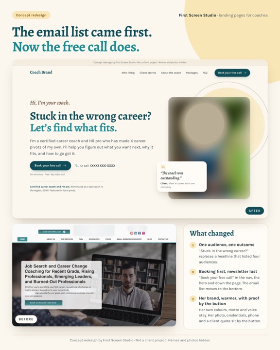 Before and after concept redesign for a career change coach, names and photos hidden